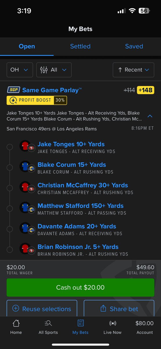 HodgeyBets's tweet photo. 🪜 Ladder Challenge 🪜 

Bet #1   .   +148odds
$20 -> $49.60

TNF 49ers vs Rams Parlay.
Using the 30% profit boost on Fanduel https://t.co/XYjItmFis7