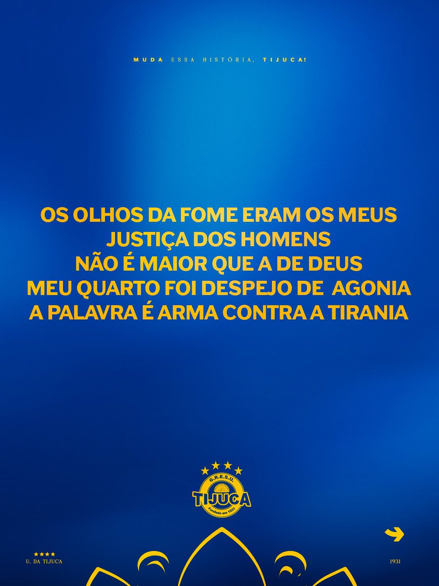 O nosso enredo ganha vida na voz de cada torcedor! A Unidos da Tijuca convoca você para aprender o samba que vai emocionar o carnaval de 2026.
Em cada página desse carrossel, uma parte da nossa poesia, um pedaço da história de Carolina Maria de Jesus que vamos levar para a