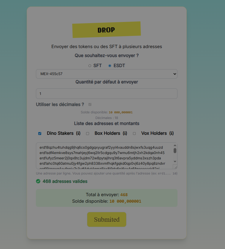 Encore en train de m'émerveiller sur un des DinoTools de <a href="/KevinLallement/">Kevin Lallement</a> qui permet à <a href="/TheDinoVox/">DinoVox</a> d'envoyer en un instant des cryptos ou des NFT en 2 clics, à des centaines de holders de DinoVox ou de DinoBox 🦖

Cerise sur le loukoum : les Dinos concernés sont en staking !