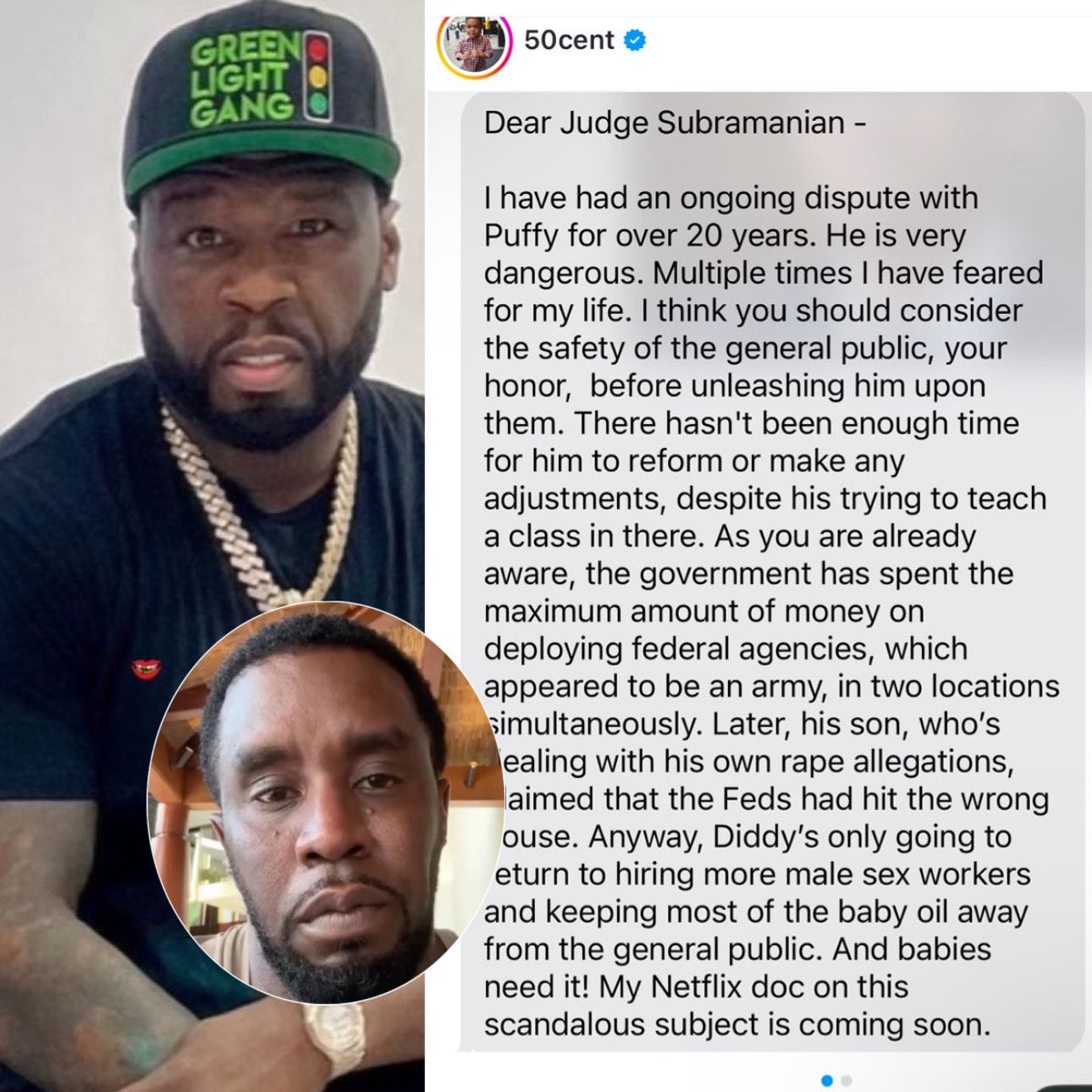SaycheeseDGTL's tweet photo. 50 Cent pens letter to Judge in Diddy's case, claims he has feared for his life during their 20-Year feud https://t.co/Kvmb9BiGSn