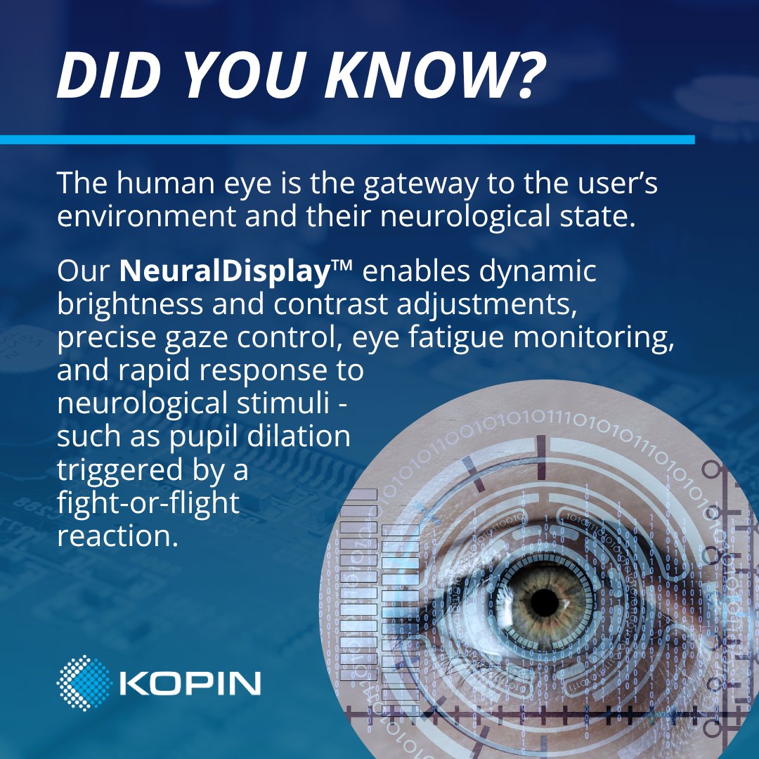 kopin's tweet image. Did you know?

Kopin’s NeuralDisplay™ uses #AI to predict eye movement, cutting latency, conserving power, and enabling real-time performance for the warfighter of tomorrow.

#ArtificialIntelliegence #DefenseTech #AugmentedReality