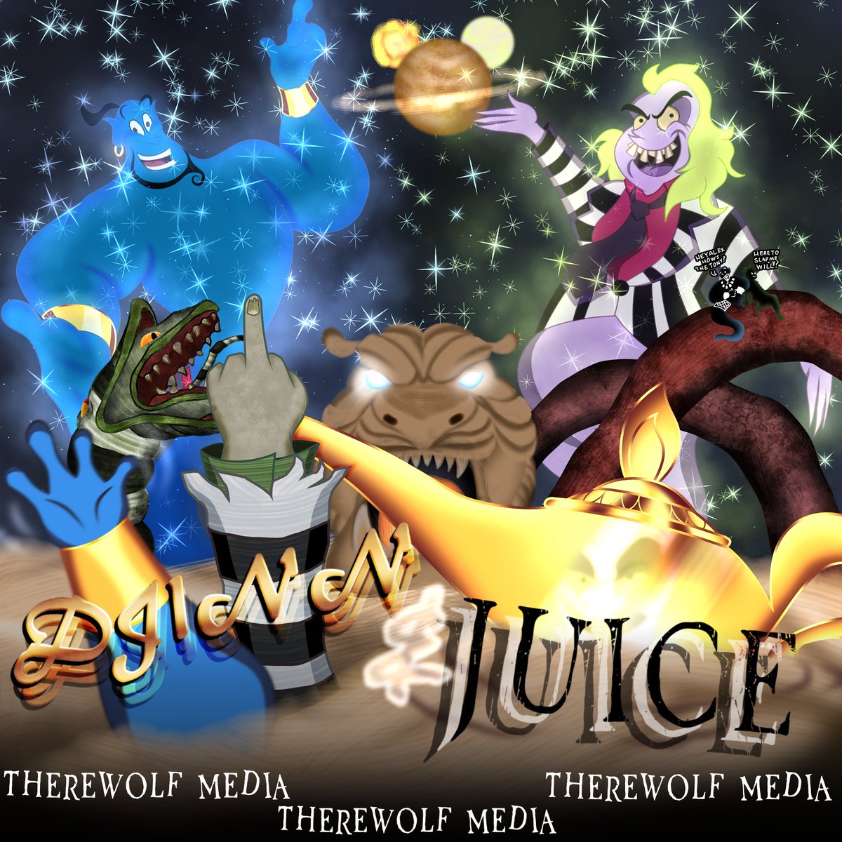 Here's the art for the latest <a href="/TherewolfMedia/">Therewolf Media</a> track

Beetlejuice VS The Genie || Djinn &amp; Juice (Beetlejuice VS Aladdin

Check it out here: youtu.be/f_z832cVkmU?si…
And phew, I only said Beetlejuice twice. I should be sa... waitaminute-