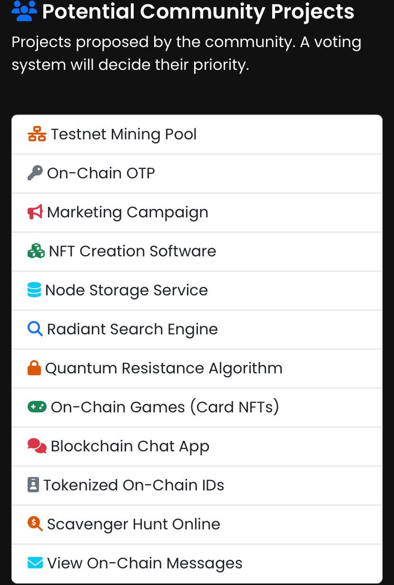 Hey 👋🏾, Radiant Community.

#Radiant blockchain was built for you so you can build on it.

Got a project in mind? Want a decentralized, scalable platform to build it?

Come on, Radiant is for you.

As you can see, many projects are planned to be built on Radiant—solo and