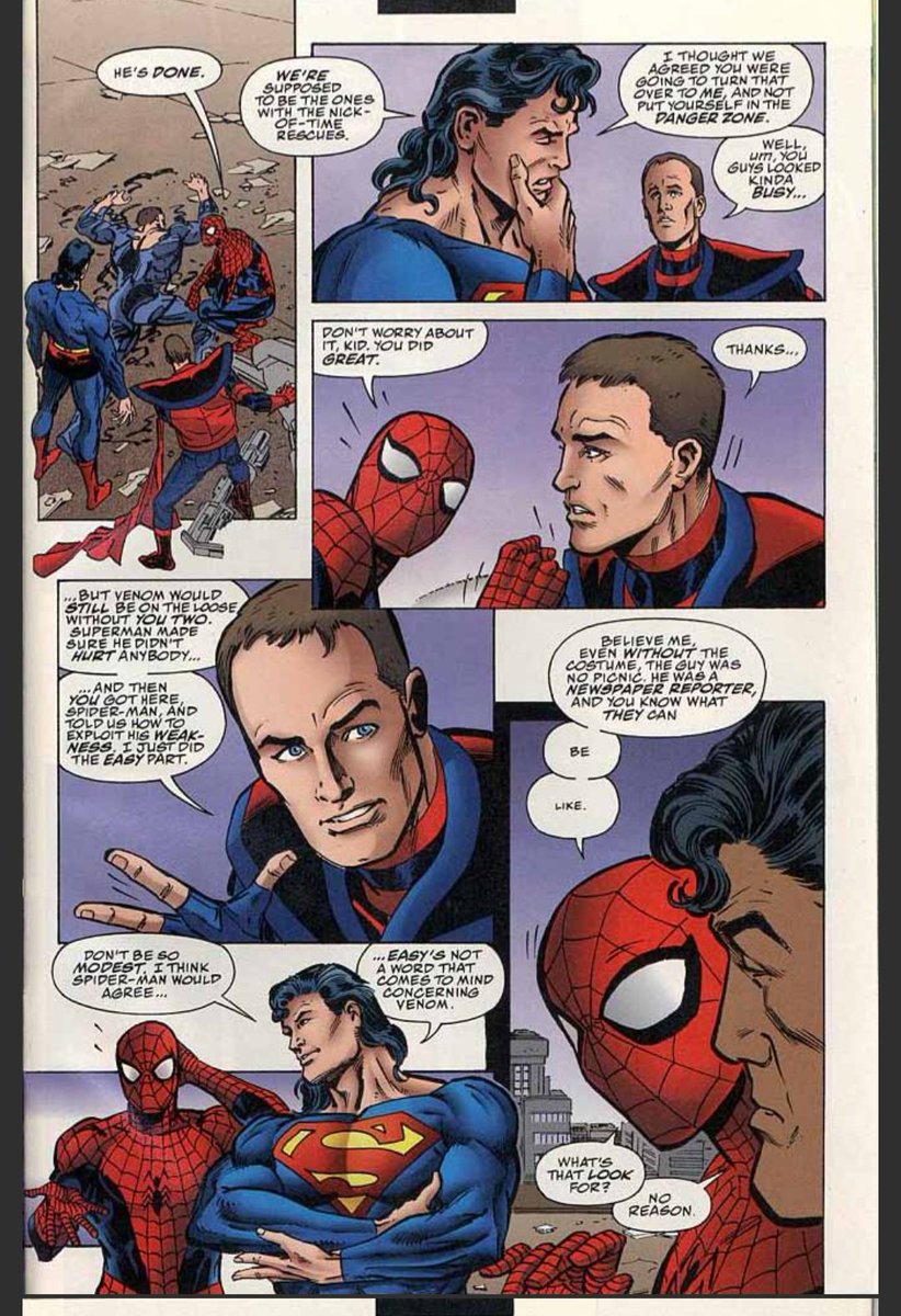 Just a quick reminder for whomever is working on the Spider-Man/Superman crossover-- if it's on the same Earth with shared history, the last time they met each other was in the 1981 second special. If it's two different universes, the last time was in All Access in 1996.