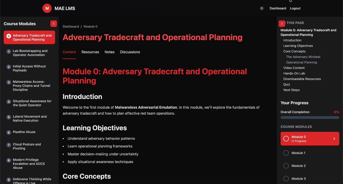 Sneak peak at what <a href="/ZephrSec/">ZephrSec</a>'s Malwareless Adversarial Emulation course is going to look like, the content is still being written so the content in screen cap is a placeholder but aiming for Dec 2025/Jan 2026 publish. You can sign up to the waiting list mae.zsec.red