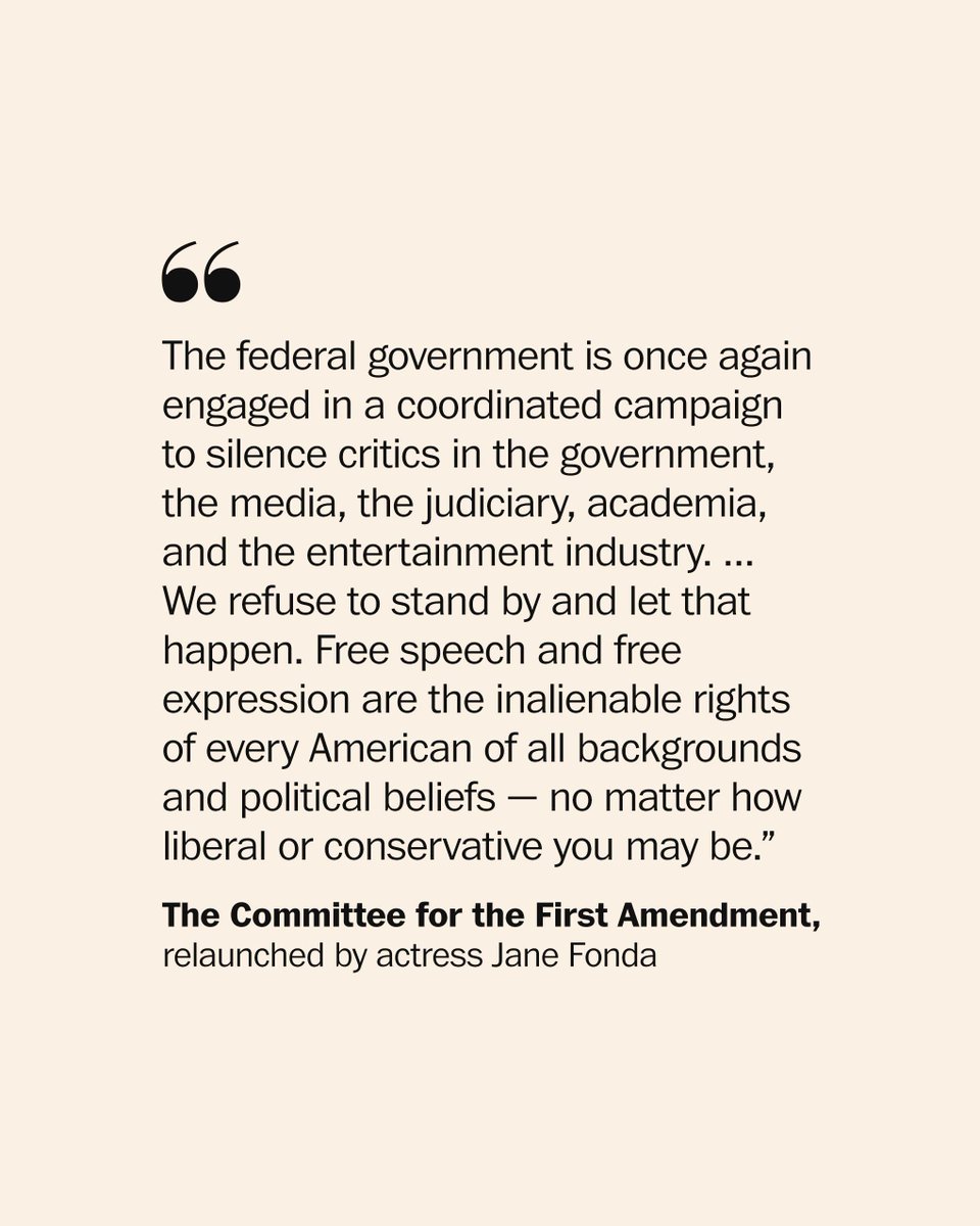 Actor and activist Jane Fonda has relaunched the Committee for the First Amendment first backed by her father Henry Fonda in 1947, to fight against what the group calls a “coordinated campaign” from the Trump administration to curb freedom of expression. wapo.st/46N1SDz