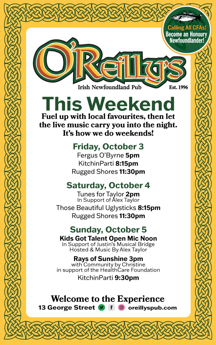 💚🎶 This Weekend at O’Reilly’s! 🎶💚
✨ Music • Community • Fundraisers • Good Times ✨
📍 13 George Street
#georgestreet #downtownstjohns #screechin #honourarynewfoundlander #fundraiser #livemusic #LoveDowntownStJohns