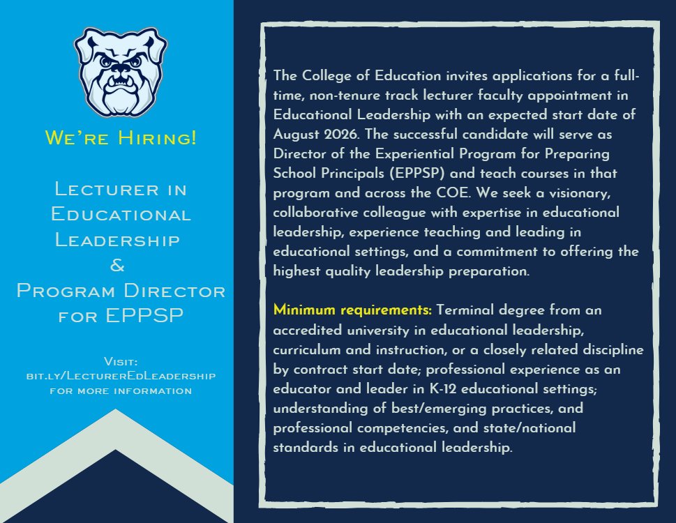 Join us! We're hiring for a FT non-tenure track lecturer faculty appointment in Ed Leadership &amp; will also serve as Director of Experiential Program for Preparing School Principals (EPPSP) program. Expected start date of August 2026. 

Apply now! bit.ly/LecturerEdLead…