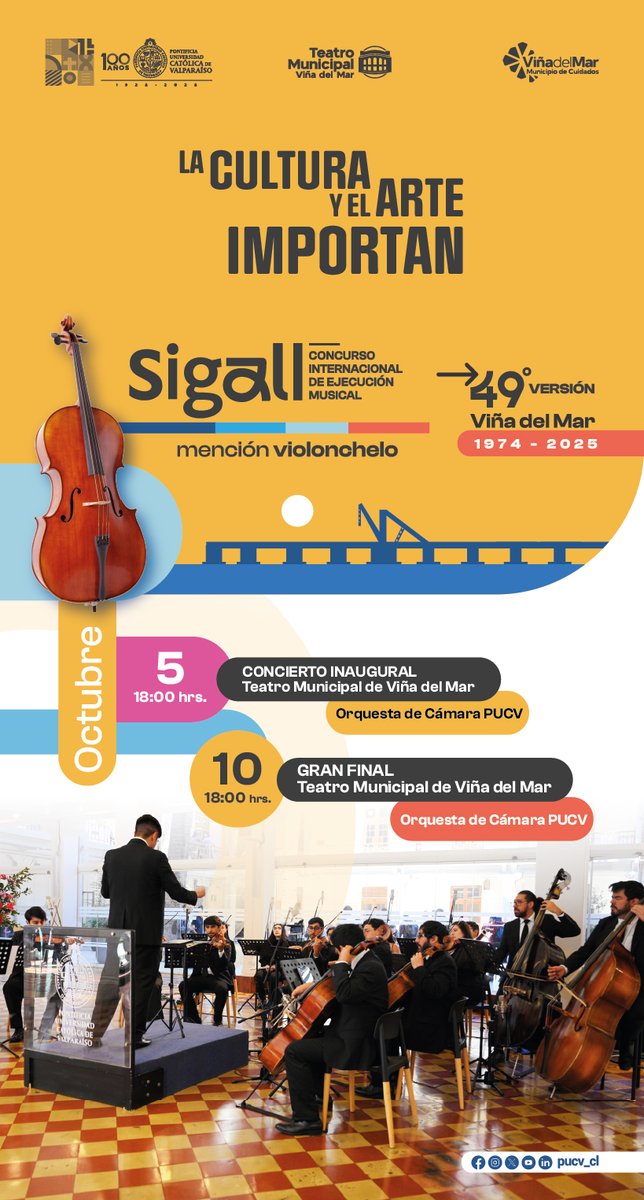🎶La cultura y el arte importan.

La Orquesta de Cámara PUCV participará en el concierto inaugural y en la gran final del 49° Concurso Internacional de Ejecución Musical Dr. Luis Sigall en el Teatro Municipal de Viña del Mar.

📰<a href="/__elmercurio/">El Mercurio</a>