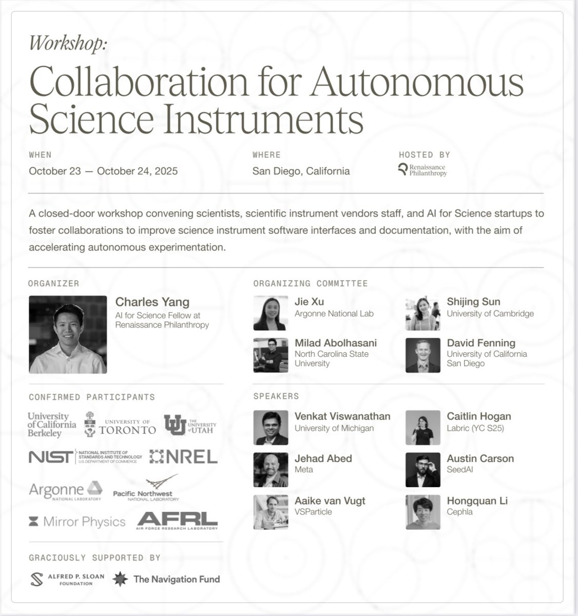 Excited to be organizing a workshop on autonomous science instruments with <a href="/RenPhil21/">Renaissance Philanthropy</a>!

We’re convening startups, instrument makers, and researchers to accelerate progress in autonomous experimentation and catalyze new collaborations: