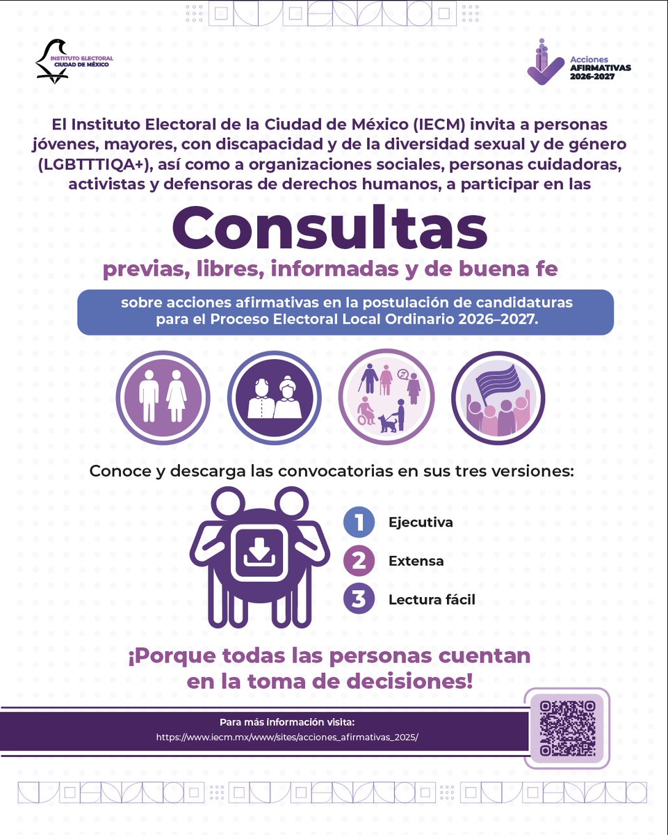 📢En el marco del próximo Proceso Electoral Local Ordinario 2026-2027 el <a href="/iecm/">IECM</a> invita a los foros informativos y consultivos dirigidos a personas jóvenes, mayores con discapacidad y de la diversidad sexual y de género sobre acciones afirmativas en la postulación de candidaturas