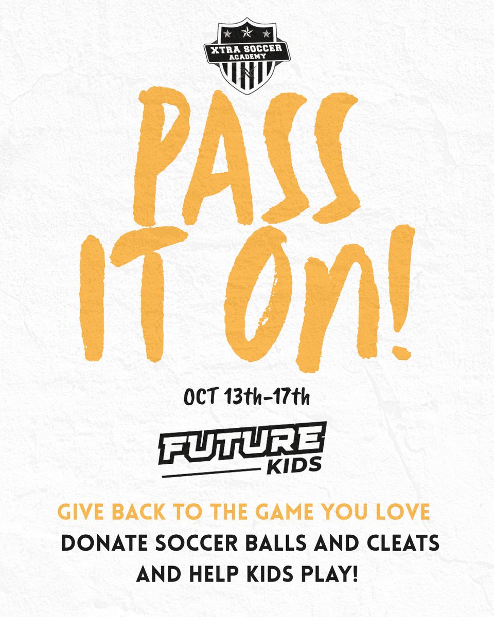 ⚽ Pass It On! ⚽
We are collecting soccer balls and cleats (new or gently used) to support <a href="/Future_Kids1/">FutureKids</a> in the Community programs. Your donations will help kids stay active and enjoy the game they love.

📍 Drop-off at practice
🕒 Oct 13–17 | 5–9 PM | CHI MultiSport Field 8