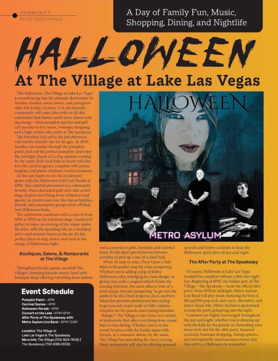 Halloween Fun! Spend the Day at The Village at Lake Las Vegas! 🎃👻🧙

This is a FREE event for the whole family — costumes, candy, fun, festive vibes and a Live Band from 8pm to Midnight. #Halloween2025