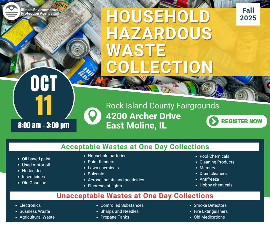 Illinois EPA (@ilepa) on Twitter photo 🛢️ East Moline area residents! Safely dispose of your HHW next weekend at Rock Island County Fairgrounds, 8 AM to 3 PM. Collections are open to all Illinois residents. Pre-registration is required.
 
Check accepted items & register here 👉 bit.ly/3PN9xJA 🛢️ East Moline area residents! Safely dispose of your HHW next weekend at Rock Island County Fairgrounds, 8 AM to 3 PM. Collections are open to all Illinois residents. Pre-registration is required.
 
Check accepted items & register here 👉 bit.ly/3PN9xJA