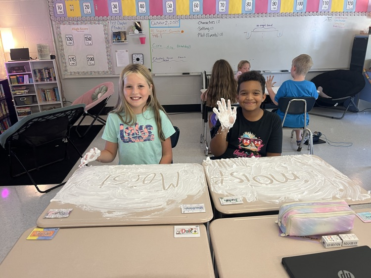 RPBlueJays's tweet photo. Shaving cream spelling activity in Mrs. Thomas' room. The students earned this by raising their class average on their previous spelling test! https://t.co/40N22RLToj