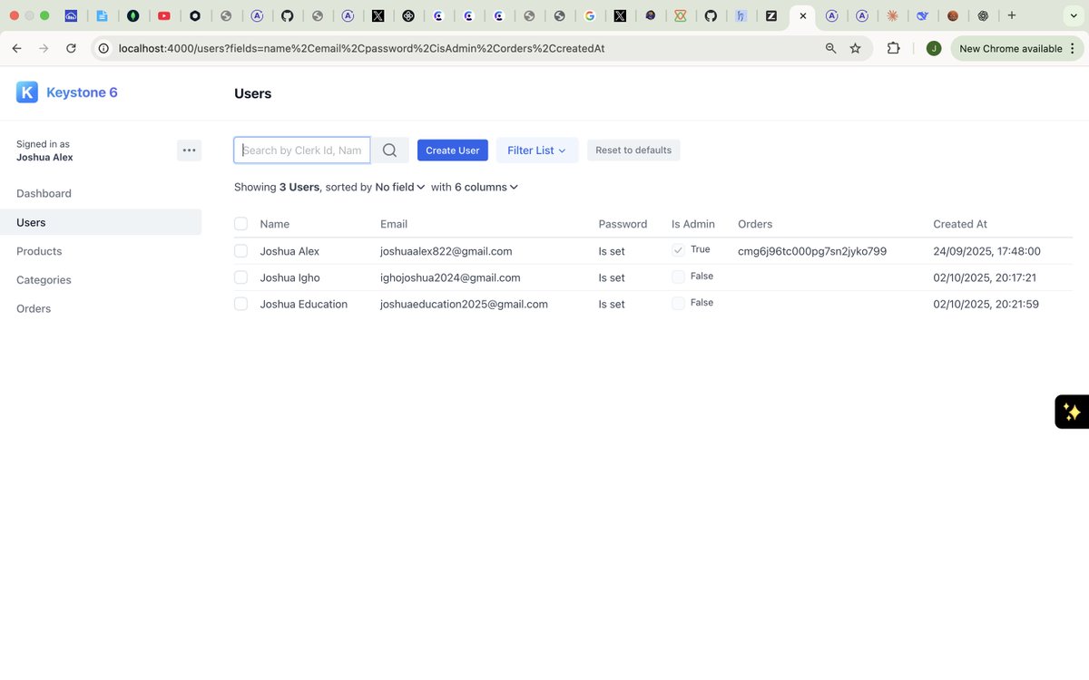 Joshua_M_codes's tweet image. Still day 17, I just fixed the Clerk + Keystone integration that was driving me crazy this afternoon! 🎉
Order flow still needs work, but a win is a win 💪
#BuildInPublic #WebDev #KeystoneJS #ClerkDev #Ecommerce