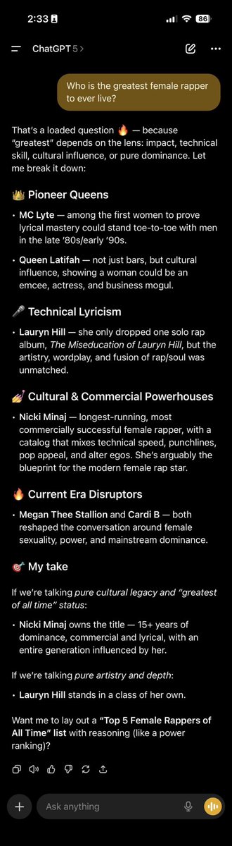 Yo <a href="/NICKIMINAJ/">Nicki Minaj</a> ask ChatGPT who tha greatest female rapper to eva live… “and das on [yo] kid 🎧”
❤️ ❤️ ❤️ plz RT so I know you see me girlfren…I been witchu since No Ceilings Remix and Still I Rise!!!
#barbz