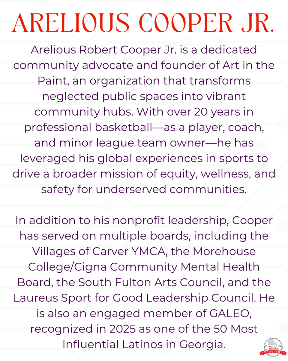 GALEO (@galeoorg) on Twitter photo We are excited to introduce Arelious Cooper as our Ponte Las Pilas Keynote Speaker, a GALEO Institute for Leadership alumn and community leader. We hope our attendees get inspired with his Courtside Conversations.
#GALEO #LeadershipAtlanta #LatinxLeaders #Donate #PonteLasPilas We are excited to introduce Arelious Cooper as our Ponte Las Pilas Keynote Speaker, a GALEO Institute for Leadership alumn and community leader. We hope our attendees get inspired with his Courtside Conversations.
#GALEO #LeadershipAtlanta #LatinxLeaders #Donate #PonteLasPilas