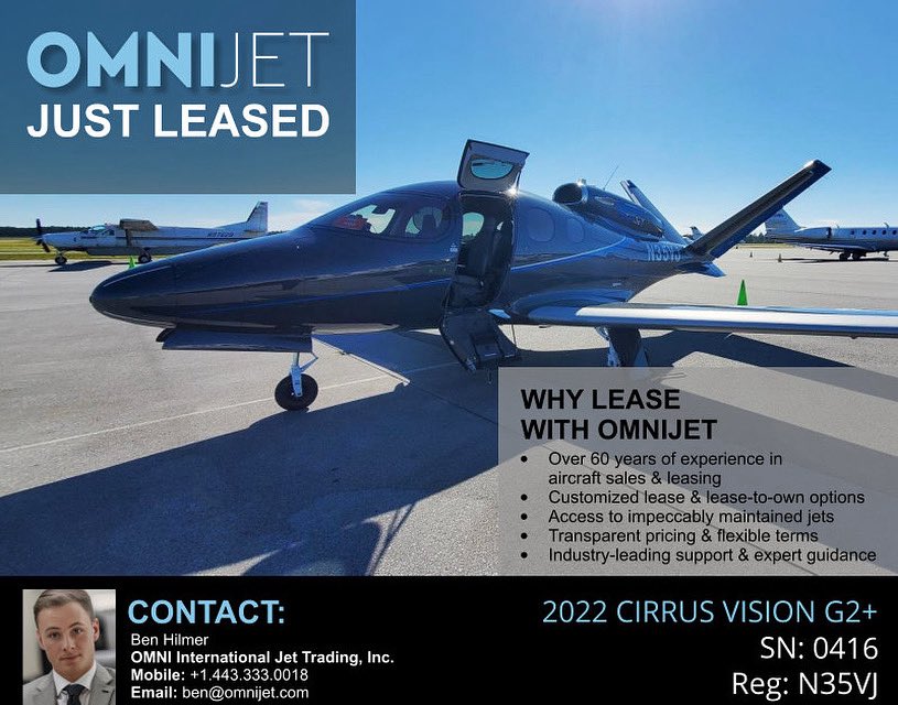 omnijet's tweet photo. LEASED! 2022 Cirrus Vision G2+ SN 0416

https://t.co/3ZRP9pXeEI | +1 410-820-7300

#sold #bizav #aircraft #aircraftforsale #aircraftforlease #aircraftsales #buyaircraft #sellaircraft #privatejetsales #corporatejetsales #jetforsale #planesales #aviationmarketplace #aircraftbroker https://t.co/KY6l5hgVlt