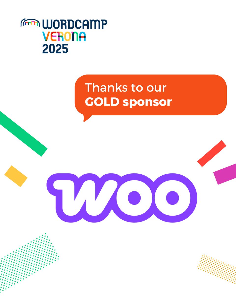 Ringraziamo <a href="/WooCommerce/">Woo</a> per sostenere come Sponsor Gold il WordCamp Verona
Principale piattaforma di e-commerce open source, per la crescita del tuo business online.

verona.wordcamp.org/2025/sponsor/w…
#wordcampverona2025 #wcvrn2025 #wordcampsponsor #woo #wordpressitalia