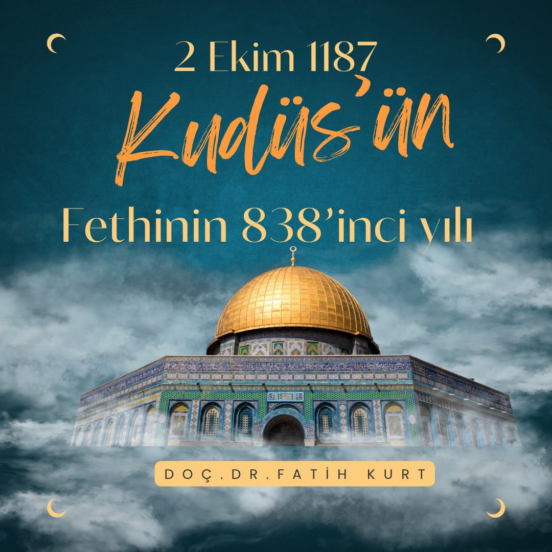 2 EKİM 1187
KUDÜS’ÜN FETHİ MÜBAREK OLSUN.

Kudüs, ümmetin kalbi…
Bugün fethinin yıl dönümünde dualarımız özgür Kudüs'e; kalbimiz Gazze'de, Filistin’le… Filistinli kardeşlerimizle.

Zulüm baki olmaz, Kudüs er geç yeniden özgürlüğe kavuşacak.

#KudüsünFethi
 #SumudForGaza
