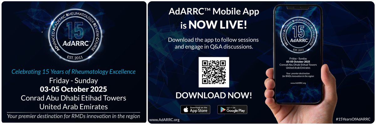 adarrc's tweet image. The AdARRC™ Mobile App is officially live.
Follow sessions, access the agenda, and join interactive Q&amp;amp;A discussions — all at your fingertips.

📅 03–05 October 2025
📍 Conrad Abu Dhabi Etihad Towers

Download now on the App Store or Google Play.

#AdARRC2025 #Rheumatology