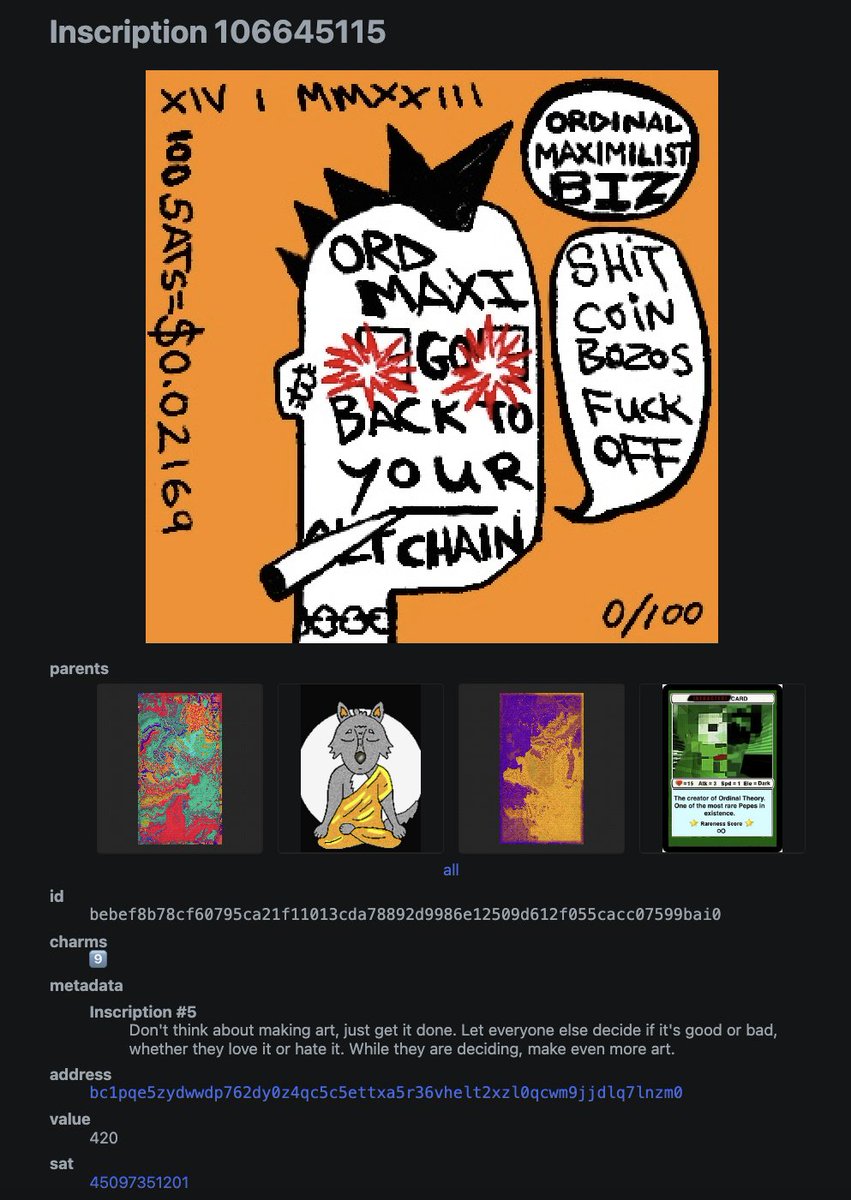 Ordinals10K's tweet photo. Fun fact:

BB Nº355 (first parent on the left) was activated using (3) other parents one of which is BB Nº163 also in palette: HyperNova (3rd parent from the left).

The key (first-child) portraying OMB was inscribed on block 9 sat with the famous inscription #5 quote in the metadata - paying 420 sats in fees! Beautifully done, 🧘‍♂️!