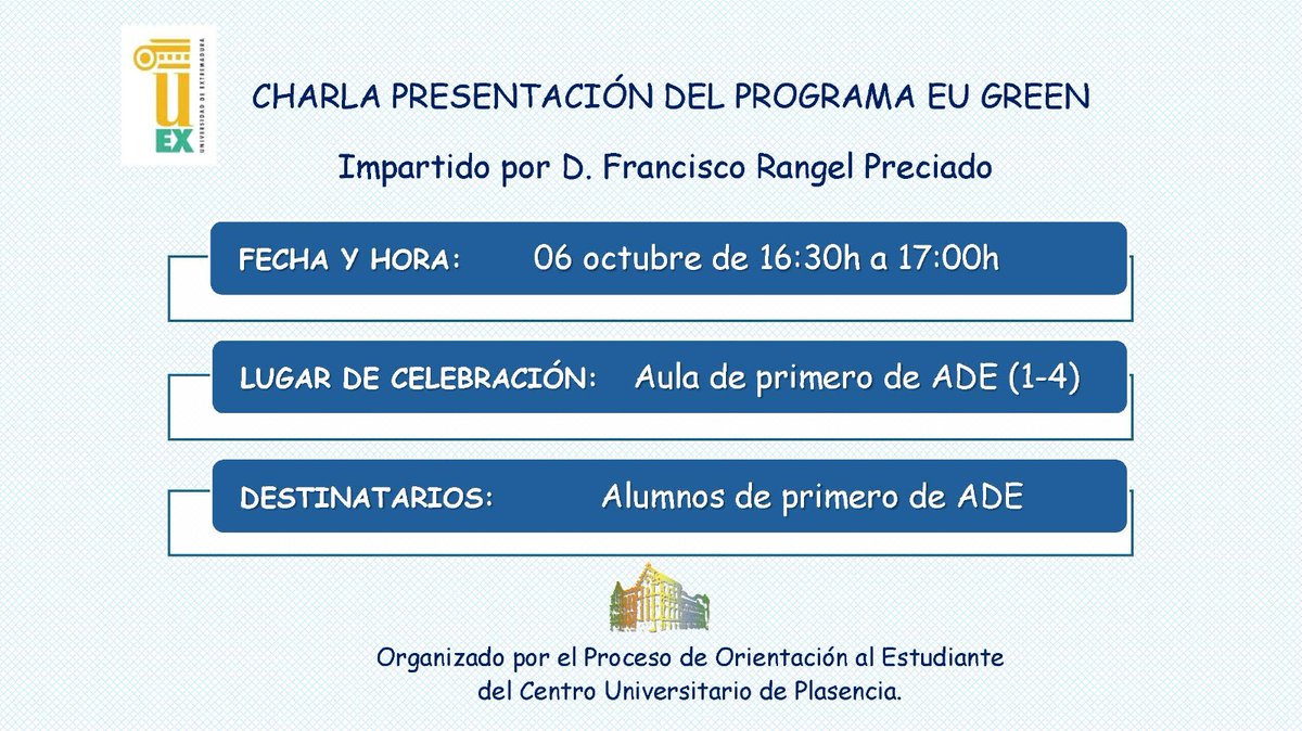 Información para los estudiantes del Grado de Administración y Dirección de Empresas.
Charla: Presentación de EU Green a cargo de Jose Francisco Rangel Preciado
<a href="/EUGREENalliance/">EU GREEN European Alliance</a> <a href="/franrangelpre/">José Francisco Rangel</a>