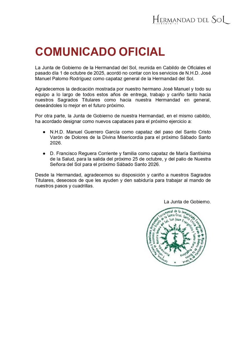 info_cofrade's tweet photo. 🟢 𝐀𝐂𝐓𝐔𝐀𝐋𝐈𝐃𝐀𝐃. La Hermandad del Sol decide cesar a Jose Manuel Palomo como capataz general de la Cofradía. 

▶️ Manuel Guerrero será el capataz del Señor y Francisco Reguera capitaneará el palio.
#HdaddelSol #ElSol25 https://t.co/YPnr3hI1ml