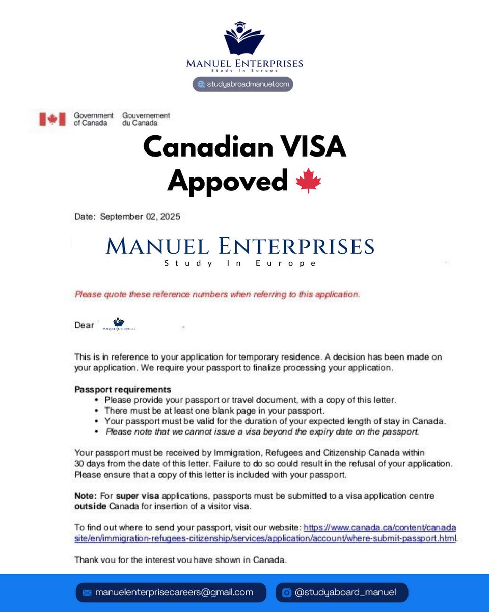 Crystal sizzle (@crystalclearbab) on Twitter photo 🎉 From dreams to reality! 
Another Canada visa secured with Study Abroad Manuel
We believe visas aren’t just stamps, they’re tickets to opportunities, safety, education, and brighter futures.
Your success story can be next. 
DM us <a href="/Studybymanuel/">Manuel_Enterprise</a> today to begin! 🚀 🎉 From dreams to reality! 
Another Canada visa secured with Study Abroad Manuel
We believe visas aren’t just stamps, they’re tickets to opportunities, safety, education, and brighter futures.
Your success story can be next. 
DM us <a href="/Studybymanuel/">Manuel_Enterprise</a> today to begin! 🚀