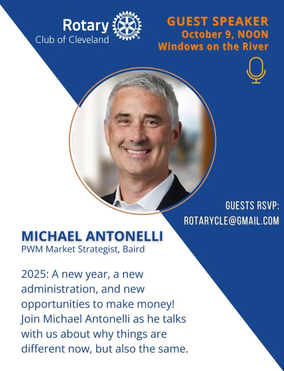 Looking forward to <a href="/BullandBaird/">Michael Antonelli</a> speaking at <a href="/RotaryCleveland/">Cleveland Rotary</a> Thursday, October 9 Noon at Windows on the River. Guests are welcome! RSVP to the Rotary office at rotarycle@gmail.com