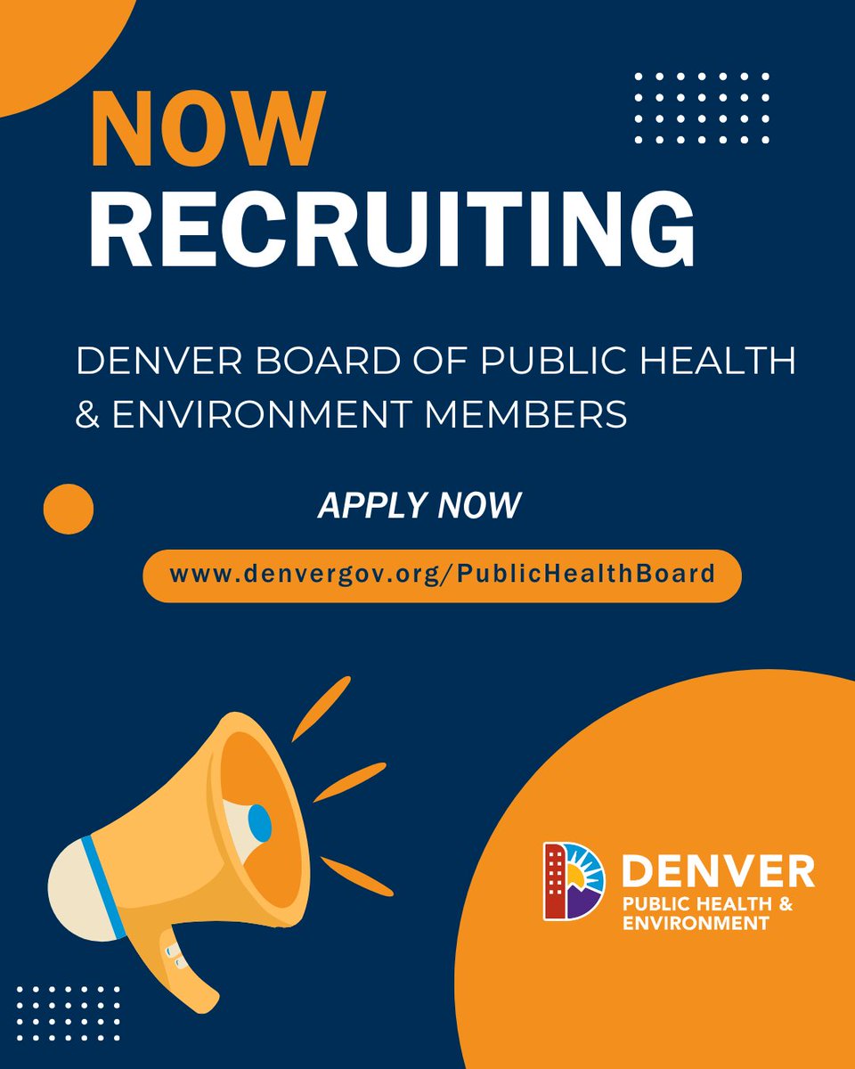 Denver Public Health & Environment (@ddphe) on Twitter photo DDPHE is looking for passionate individuals to serve on the Board of Public Health & Environment. Bring your expertise, diverse perspectives + experience with social determinants of health to help shape policies that protect Denver residents.
Learn more: denvergov.org/publichealthbo… DDPHE is looking for passionate individuals to serve on the Board of Public Health & Environment. Bring your expertise, diverse perspectives + experience with social determinants of health to help shape policies that protect Denver residents.
Learn more: denvergov.org/publichealthbo…