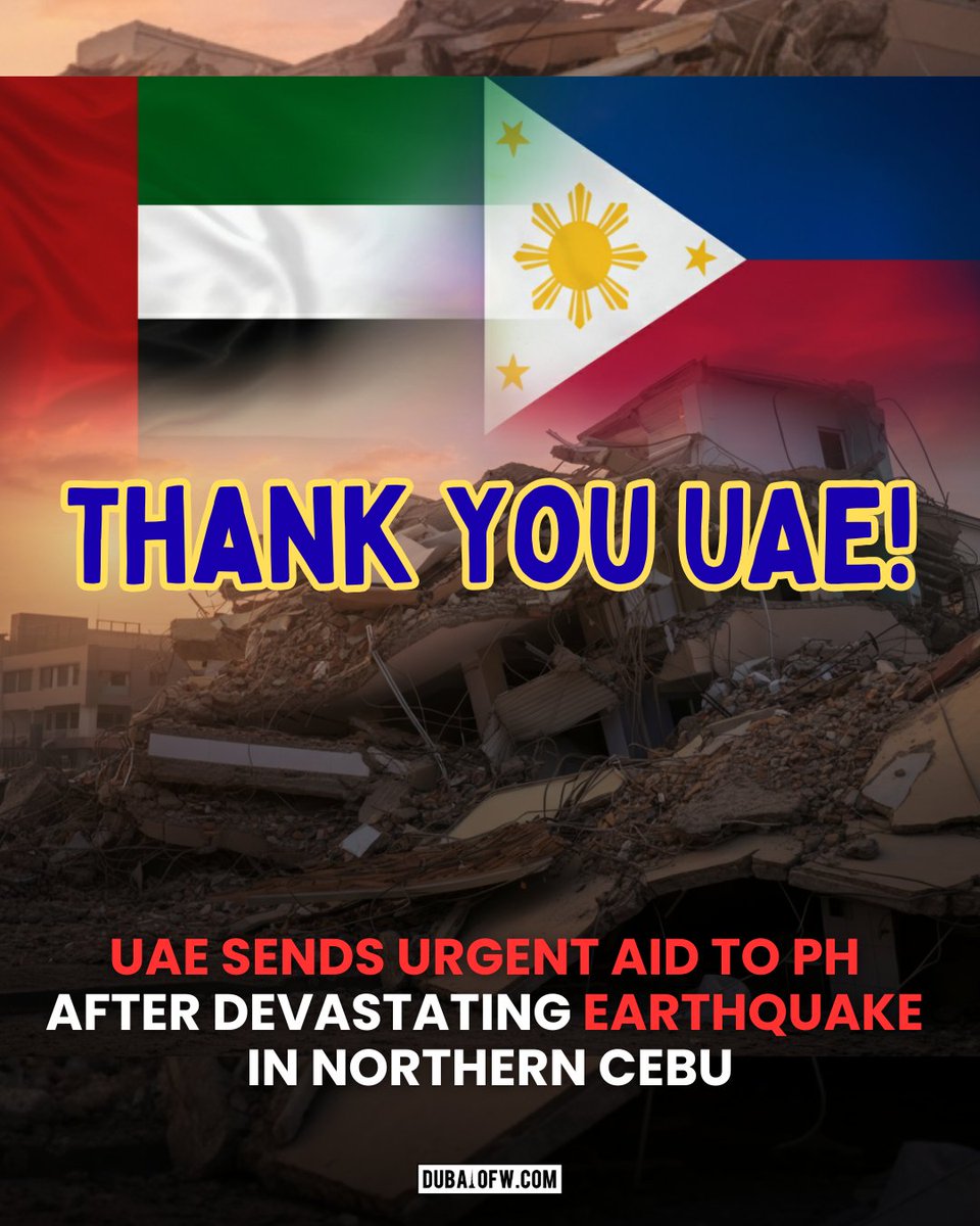 DubaiOFW's tweet photo. UAE is always ready (and fast) in supporting others. Thank you UAE!
The UAE has dispatched urgent emergency relief to support communities in the Philippines affected by the recent powerful earthquake that struck the northern part of Cebu.

#uae #philippines #cebu #cebuearthquake https://t.co/xqACH4SdCo