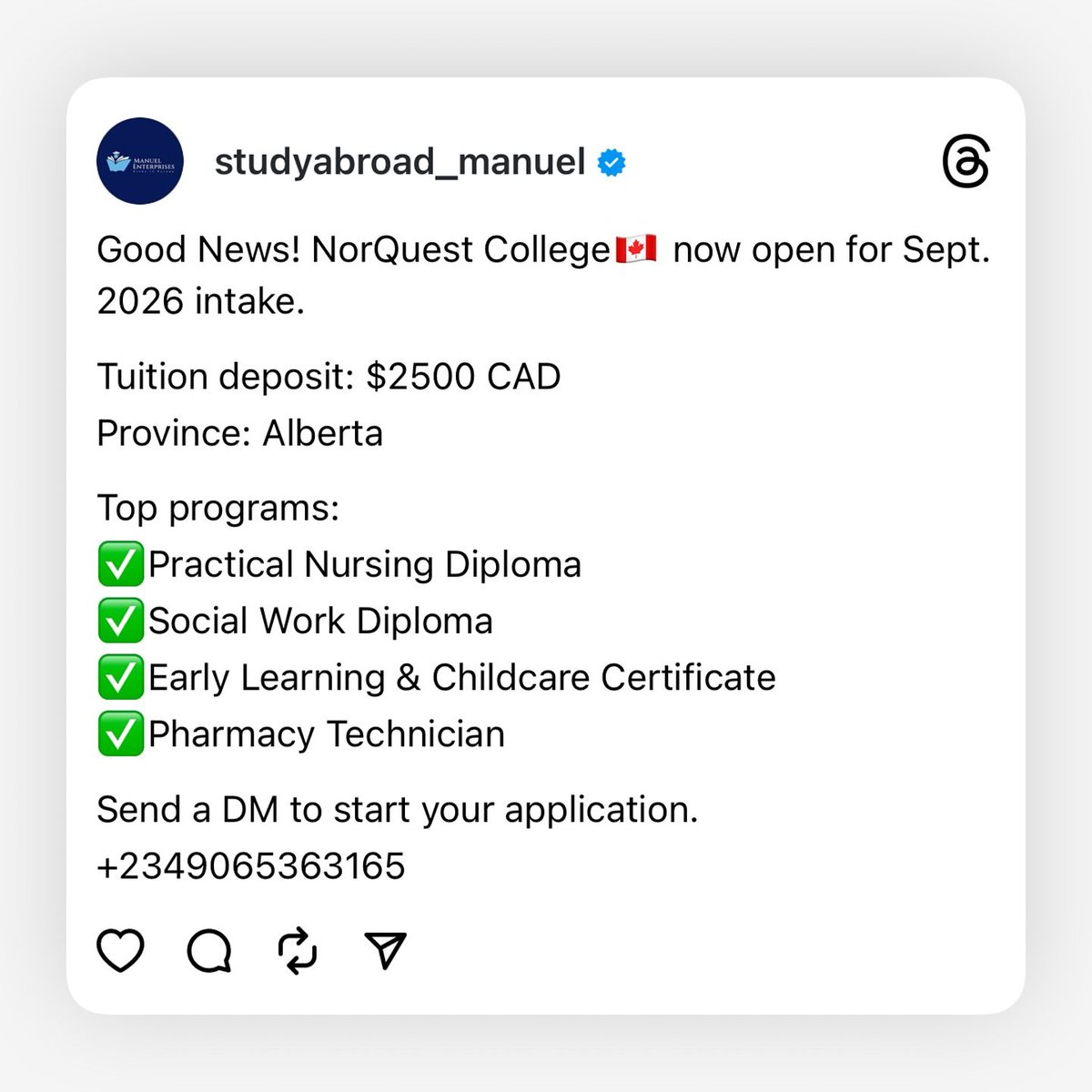 Crystal sizzle (@crystalclearbab) on Twitter photo Good News!🥳💃 
NorQuest College🇨🇦 now open for Sept. 2026 intake
Send a DM to start your application.
+2349065363165
#canadá #movetocanada Good News!🥳💃 
NorQuest College🇨🇦 now open for Sept. 2026 intake
Send a DM to start your application.
+2349065363165
#canadá #movetocanada