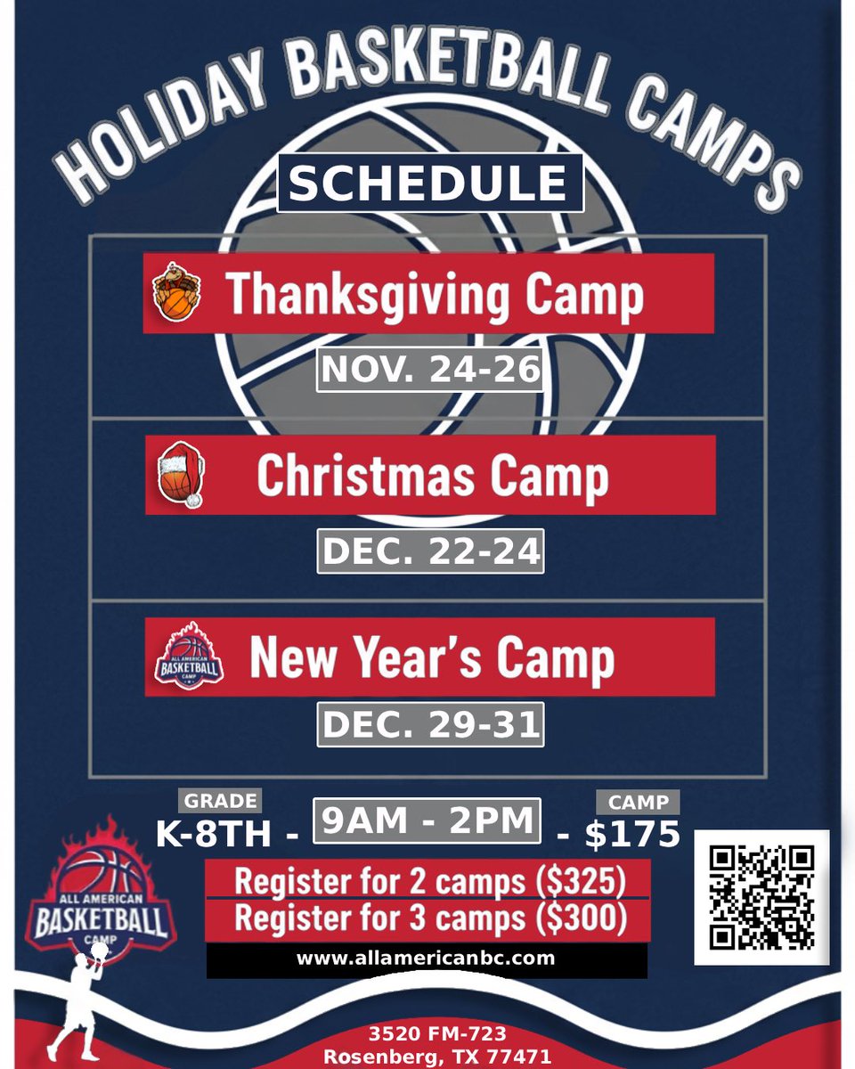 🚨HOLIDAY BASKETBALL CAMPS🚨 – REGISTER!

Join us for our fundamental skills-based camps designed to improve your game!  Get work during the Holidays!

Camp Dates:
✅Nov. 24-26
✅Dec. 22-24
✅Dec. 29-31

🚨Discounts available if you register for 2 or more camp sessions!!  Save💰