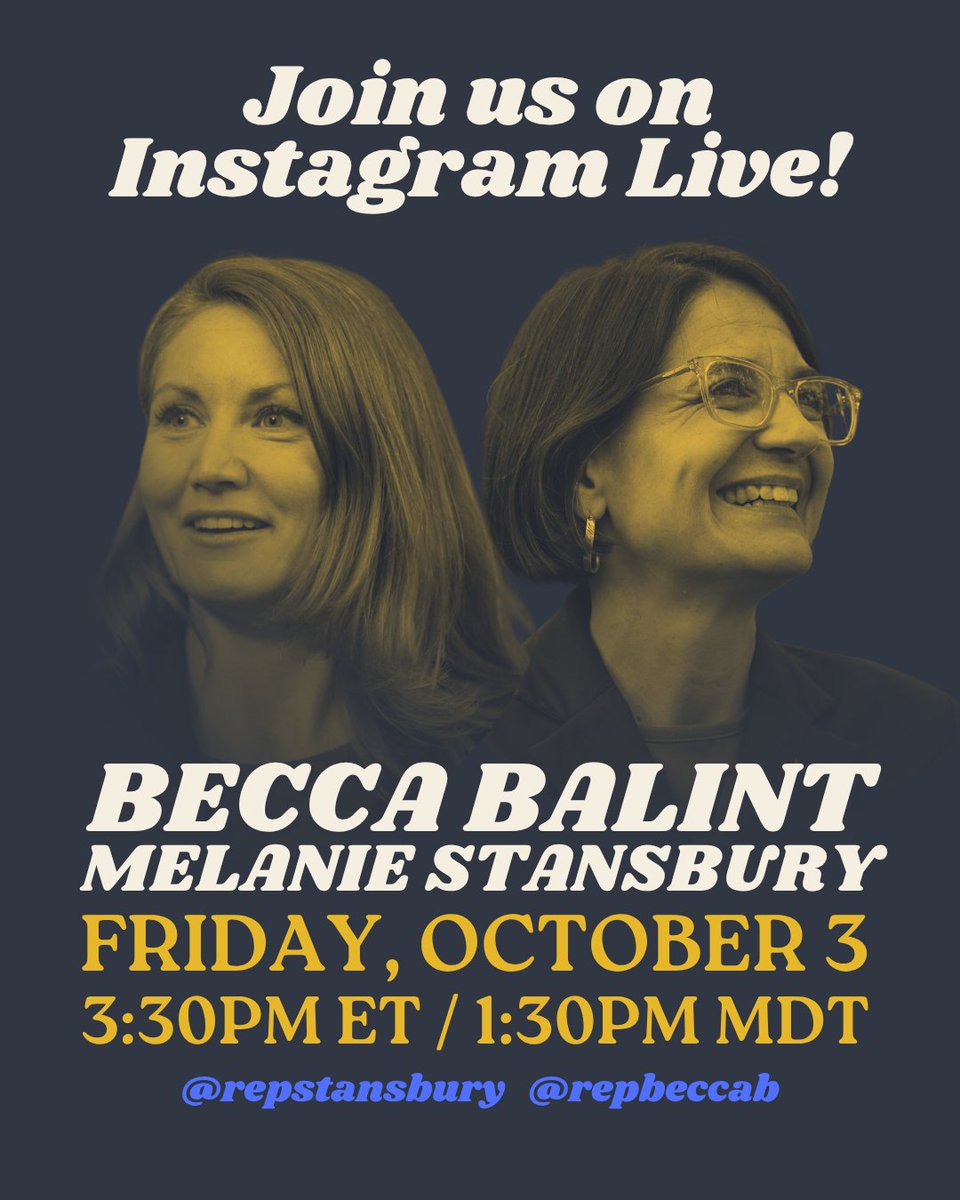 RepBeccaB's tweet image. Friday marks day 3 of the Republican government shutdown. My friend and colleague @Rep_Stansbury  and I will be coming to you live on Instagram to discuss what’s next.

Join us on Friday at 3:30PM eastern / 1:30PM mountain  and make sure to come with questions for us!