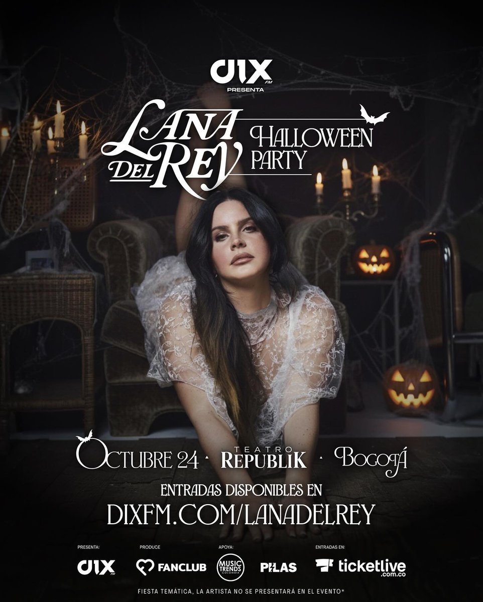 NUEVA FIESTA 🎉 

<a href="/DixFM/">Dix FM</a> y <a href="/fanclub_col/">Fanclub ♡</a> presentan la LANA DEL REY HALLOWEEN PARTY 🎃

Una noche con toda la música de Lana y una fiesta de disfraces increíble ✌🏻

Octubre 24 | Teatro Republik 📍

Entradas en <a href="/Ticketliveco/">Ticketlive Colombia</a> 🎫