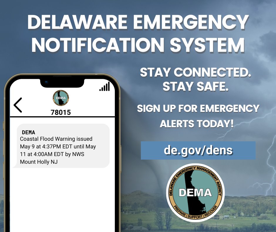 Make sure you're signed up for emergency alerts today! 📣

The Delaware Emergency Notification System (DENS) is the primary system for public warning and emergency protective action information in Delaware. 

Visit de.gov/dens to register now!