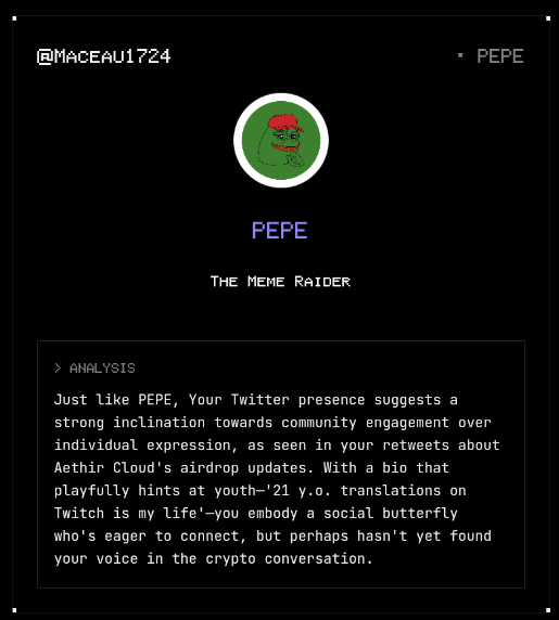 Maceau1724's tweet photo. According to my twitter data, I give $PEPE vibes.
Bullish?
Try Coinology on https://t.co/7OBbR1OqpJ. #datarevolution https://t.co/saScKqcdQ9
