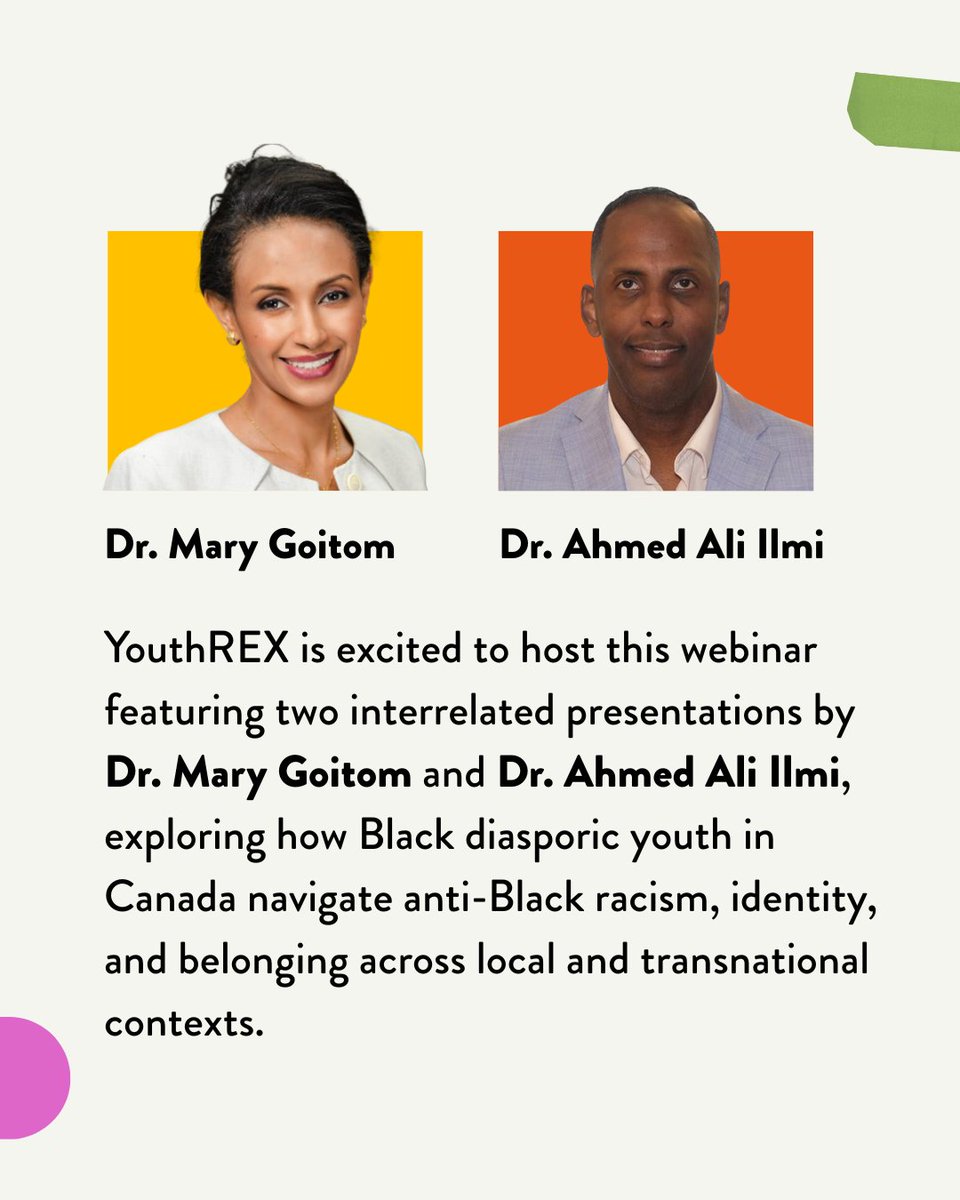 REXforYouth's tweet photo. 🚨#FREEWEBINAR ALERT!

We’re excited to host Dr. Mary Goitom and Dr. Ahmed Ali Ilmi for a conversation on how Black diasporic youth in Canada navigate anti-Black racism, identity, and belonging across local and transnational contexts.

They’ll share their research findings on how diasporic youth exercise agency, resilience, and world-building in the face of systemic barriers, and raise important questions on how we can create supportive spaces that centre Black youth, validate hybrid cultural identities, and recognize transnational connections as sources of strength.

🗓 Wednesday, October 29, 2025
⏰ 1:00 PM - 3:00 PM EDT
💻 Online via Zoom
👉 Register now to be part of the conversation: https://t.co/zfVCjchgak
.
.
.
#BlackDiasporicYouth #BlackYouthVoices #YouthLeadership #YouthResilience #YouthWellbeing #AntiBlackRacism #YouthAgency #YouthWork #OnYouth #YouthWorkers #Youth #ResearchToAction