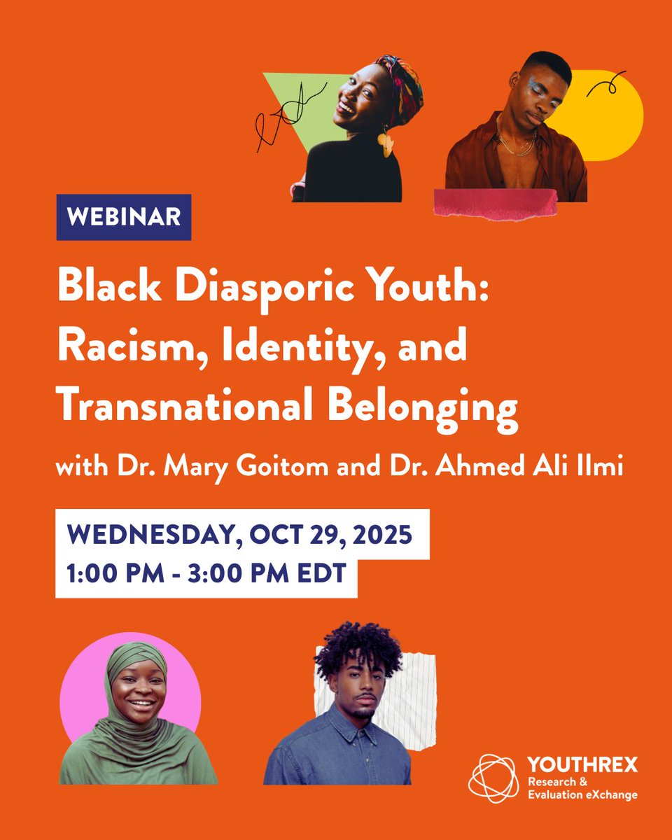 REXforYouth's tweet photo. 🚨#FREEWEBINAR ALERT!

We’re excited to host Dr. Mary Goitom and Dr. Ahmed Ali Ilmi for a conversation on how Black diasporic youth in Canada navigate anti-Black racism, identity, and belonging across local and transnational contexts.

They’ll share their research findings on how diasporic youth exercise agency, resilience, and world-building in the face of systemic barriers, and raise important questions on how we can create supportive spaces that centre Black youth, validate hybrid cultural identities, and recognize transnational connections as sources of strength.

🗓 Wednesday, October 29, 2025
⏰ 1:00 PM - 3:00 PM EDT
💻 Online via Zoom
👉 Register now to be part of the conversation: https://t.co/zfVCjchgak
.
.
.
#BlackDiasporicYouth #BlackYouthVoices #YouthLeadership #YouthResilience #YouthWellbeing #AntiBlackRacism #YouthAgency #YouthWork #OnYouth #YouthWorkers #Youth #ResearchToAction