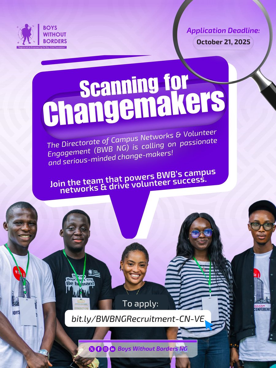 Beep. Beep. Beep.
Scanning for Changemakers! 🔍

Do you love driving change, coordinating people and expanding projects?
If this is you, we need you in the Directorate of Campus Networks and Volunteer Engagement!

To apply, visit: bit.ly/BWBNGRecruitme…

#BWBNG #Recruitment #BWB