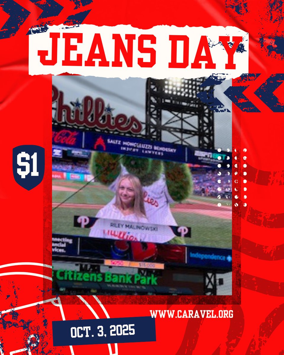 CaravelAcademy's tweet image. Friday, 10.3.25 will be a Jeans/Phillies Day!  For a $1 donation, you may wear jeans and Phillies shirts/t-shirts (NO HOODIES)since the Phillies will be playing Saturday in the playoffs.  Proceeds will benefit the Boys Soccer and Cheerleading programs. 
#mlbpitchhitandrun