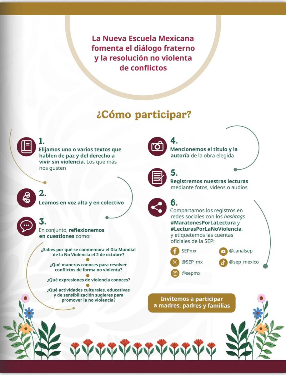 Leamos juntas y juntos por la conmemoración del "Día Internacional de la No Violencia" con las opciones que nos regala la Estrategia Nacional de Lectura y participemos en los #MaratonesPorLaLectura. 📖

 📌 online.fliphtml5.com/pakzh/jgyx/
