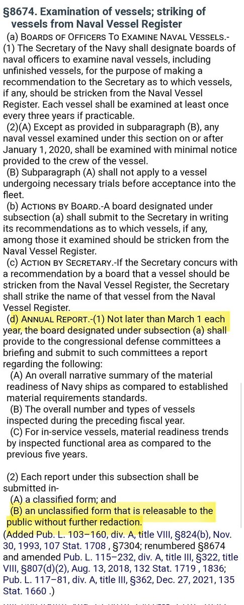 supbrow's tweet image. My regular reminder that the 2024 #INSURV report was due on 1 MAR 2025, per Title 10 US Code Sec 8674, but has not been published yet.
It must include, "an unclassified form that is releasable to the public without further redaction."
law.cornell.edu/uscode/text/10…
The 2023 report…