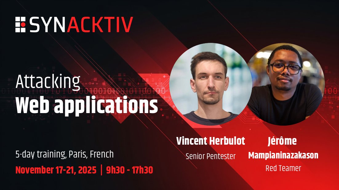 The web is a prime target for attackers. Want to refine your intrusion methods?

Join our ‘Attacking Web Applications’ training course from 17 to 21 November!

▪️ 5 days of expertise
▪️ 35 hours of lessons, more than 30 exercises
▪️ Java, PHP, Python, ASP.NET...