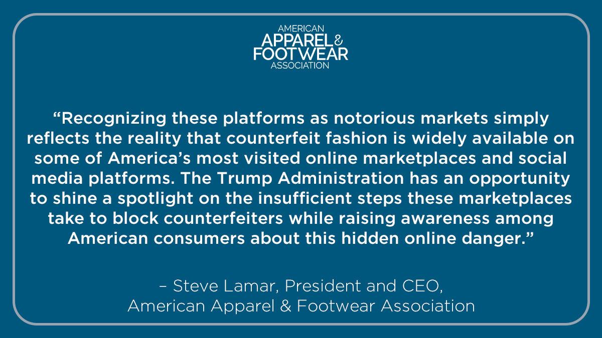 apparelfootwear's tweet photo. AAFA’s @SteveWonk, @ScogginsHanks, & the #BrandProtection Council explain why we’ve nominated Meta: Facebook + Instagram | Shopee | Alibaba: AliExpress + Taobao as #NotoriousMarkets https://t.co/f620Uzg2bt #FightFakes #Anticounterfeiting #IllicitTrade https://t.co/Pzco35ywNS