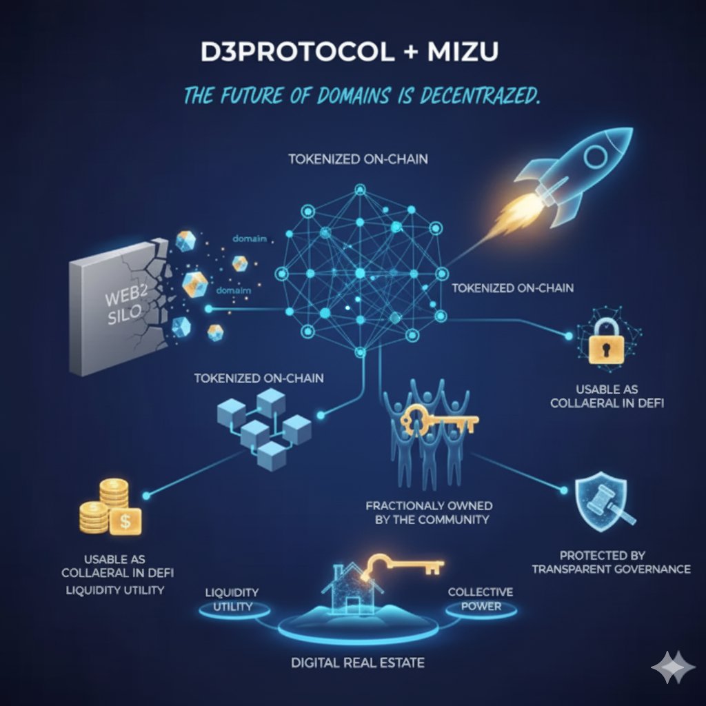 AkataMaria93344's tweet photo. @domaprotocol Focus on Transformation and Vision (Direct &amp; Enthusiastic Style)
🚨 D3PROTOCOL + MIZU: The future of domains is Decentralized! 🚀

We're transforming Web2 domains into true digital assets: ✅ Tokenized On-Chain🔒 Usable as Collateral in DeFi https://t.co/zX5KxYhvLu