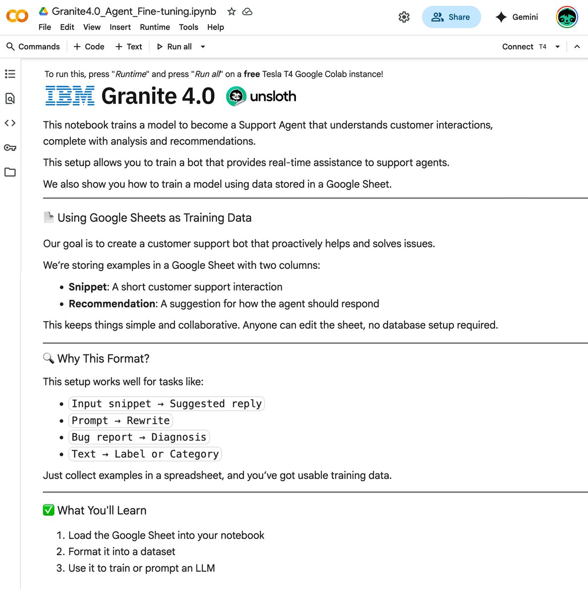 UnslothAI's tweet image. We made a free notebook that fine-tunes IBM Granite 4.0 into a powerful support agent!
This agent will enable real-time analysis & solving of customer interactions.
You'll also learn how to train models using data from Google Sheets.
Colab Notebook: colab.research.google.com/github/unsloth…