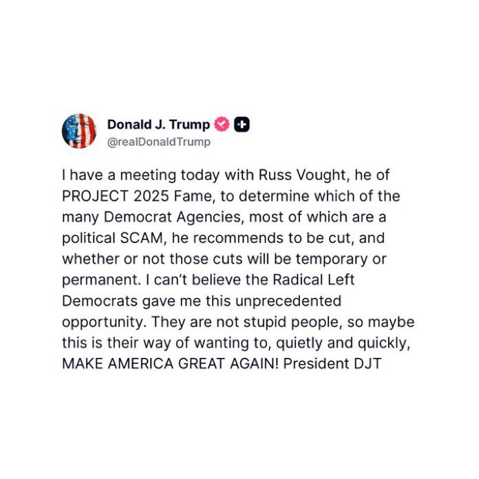 🚨 BREAKING: Trump just met with Project 2025’s Russ Vought — the man handpicked to dismantle the federal government and it’s happening during the shutdown.

“I can’t believe the Radical Left gave me this opportunity… maybe this is their way of quietly making America great